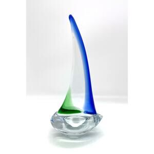 Art Glass Sailboat Blue Green Clear Nautical Ocean Paperweight 8.5"